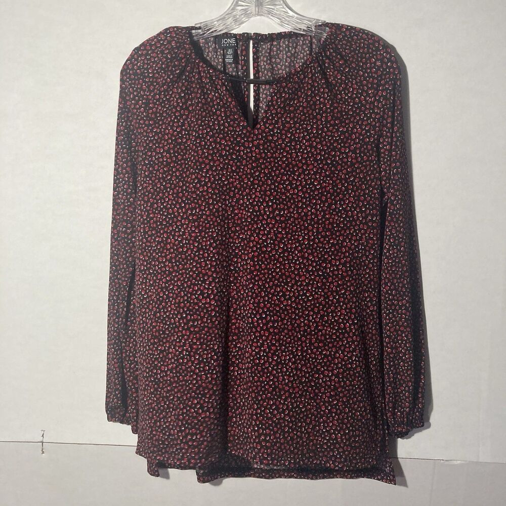 Jones New York Black Red Geometric Keyhole Long Sleeve Strer Top S